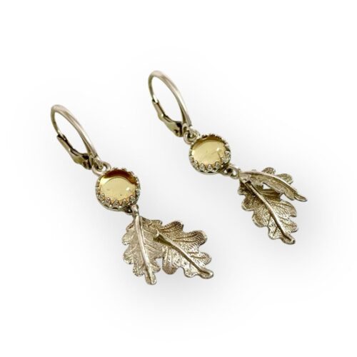 Strieborné náušnice, visiace dubové lístky s citrínom